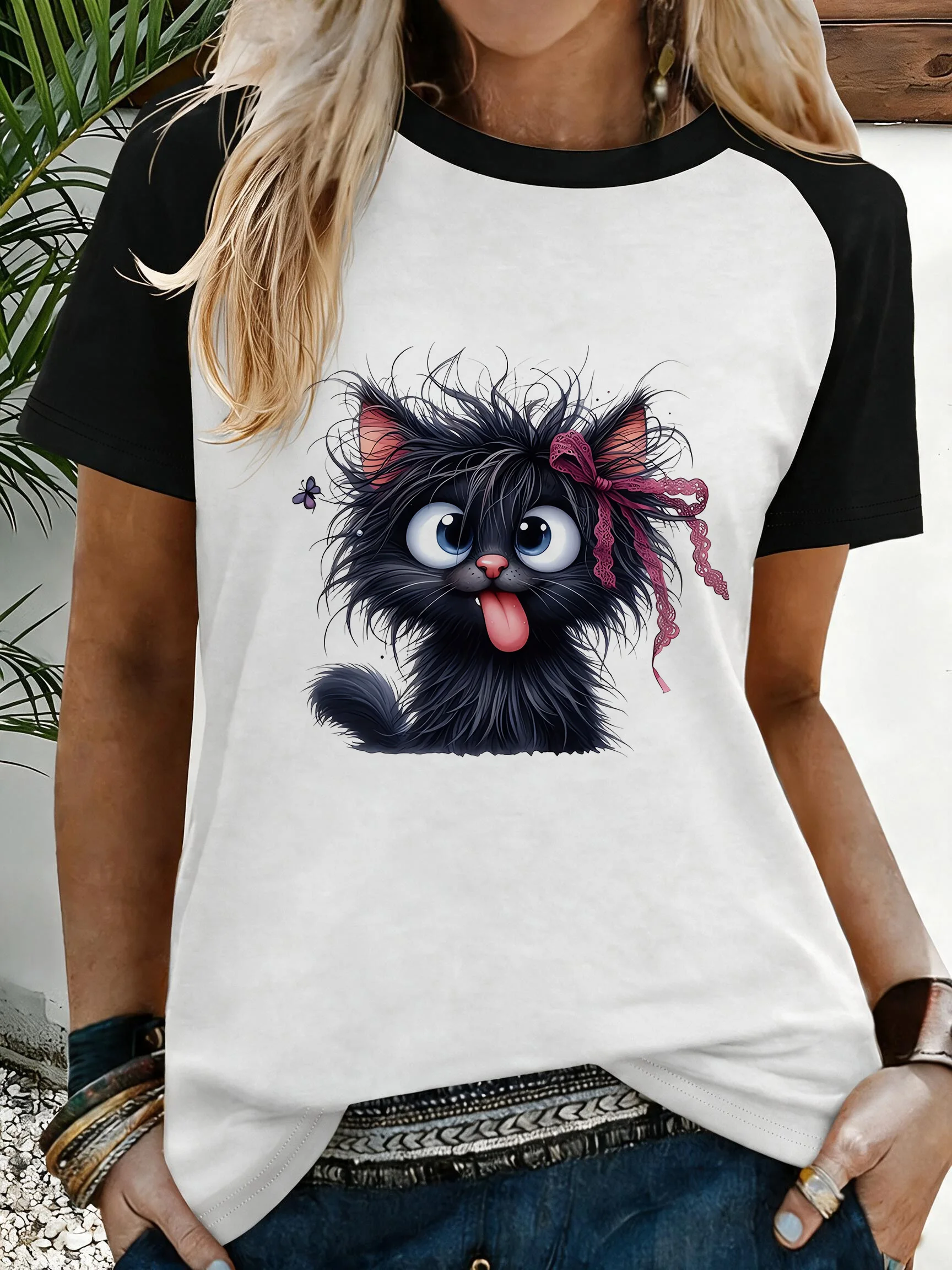 Women's Funny Fried Cat Cartoon T-Shirt with Playful Bow Butterfly Print Women's Casual Short Sleeve T Shirt Clothing Top Tee