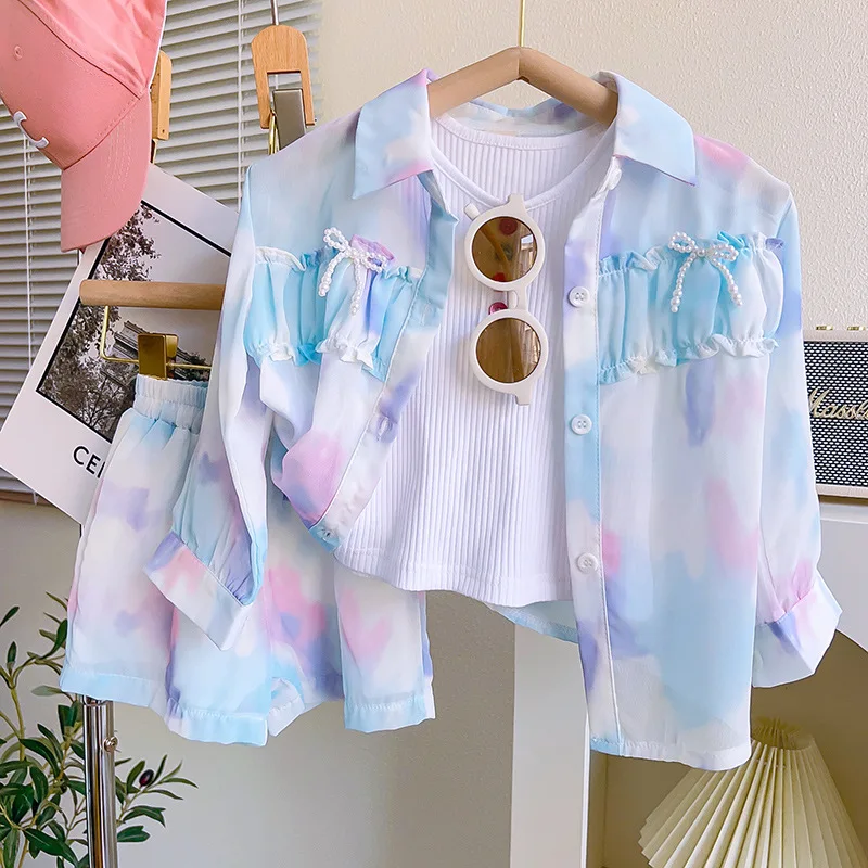 

Girls' Summer Outfit New Children's Shirt Sun Protection Clothing+Vest+Three-piece Shorts Set Wholesale