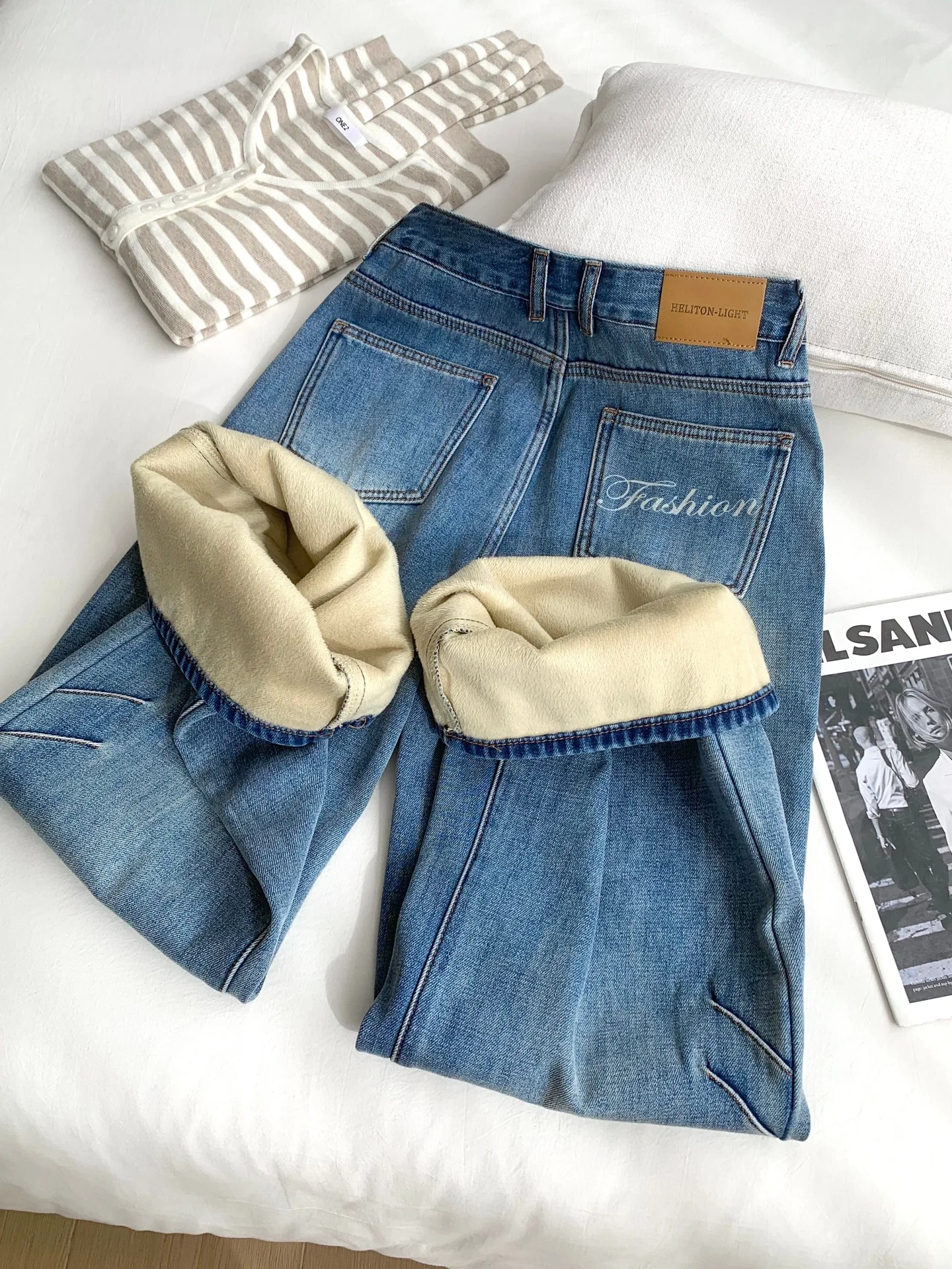 

Утолщенные флисовые прямые джинсы с высокой талией, женские зимние новые стильные свободные узкие широкие брюки, брюки длиной до пола