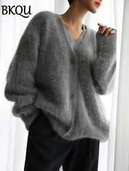 BKQU Imitation Mink Knitted Cardigan Women Autumn Elegant V-Neck Single Breasted Long Sleeves Sweater 2024 Chic Knitted Outwear