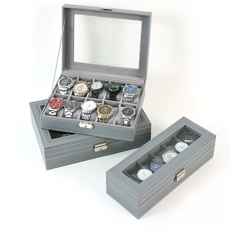 DELESYS Green/Grey Color 6/10/12 Slots  Watch Box PU Leather Display Glass Top Jewelry  Organizer Box Lockable Watch Case