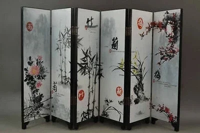 Decorated Lacquer Draw Plum Blossoms Orchid Bamboo Chrysanthemum 6 Side Screen