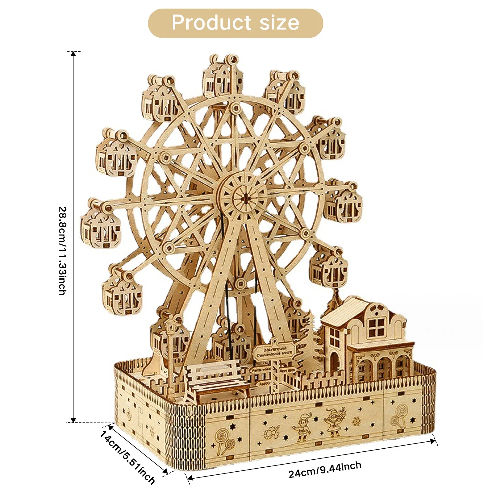 3D Wooden Puzzle DIY Basswood Ferris Wheel Crafts Music Wooden Ferris Wheel Model Creative Decorative Ferris Wheel Puzzles for