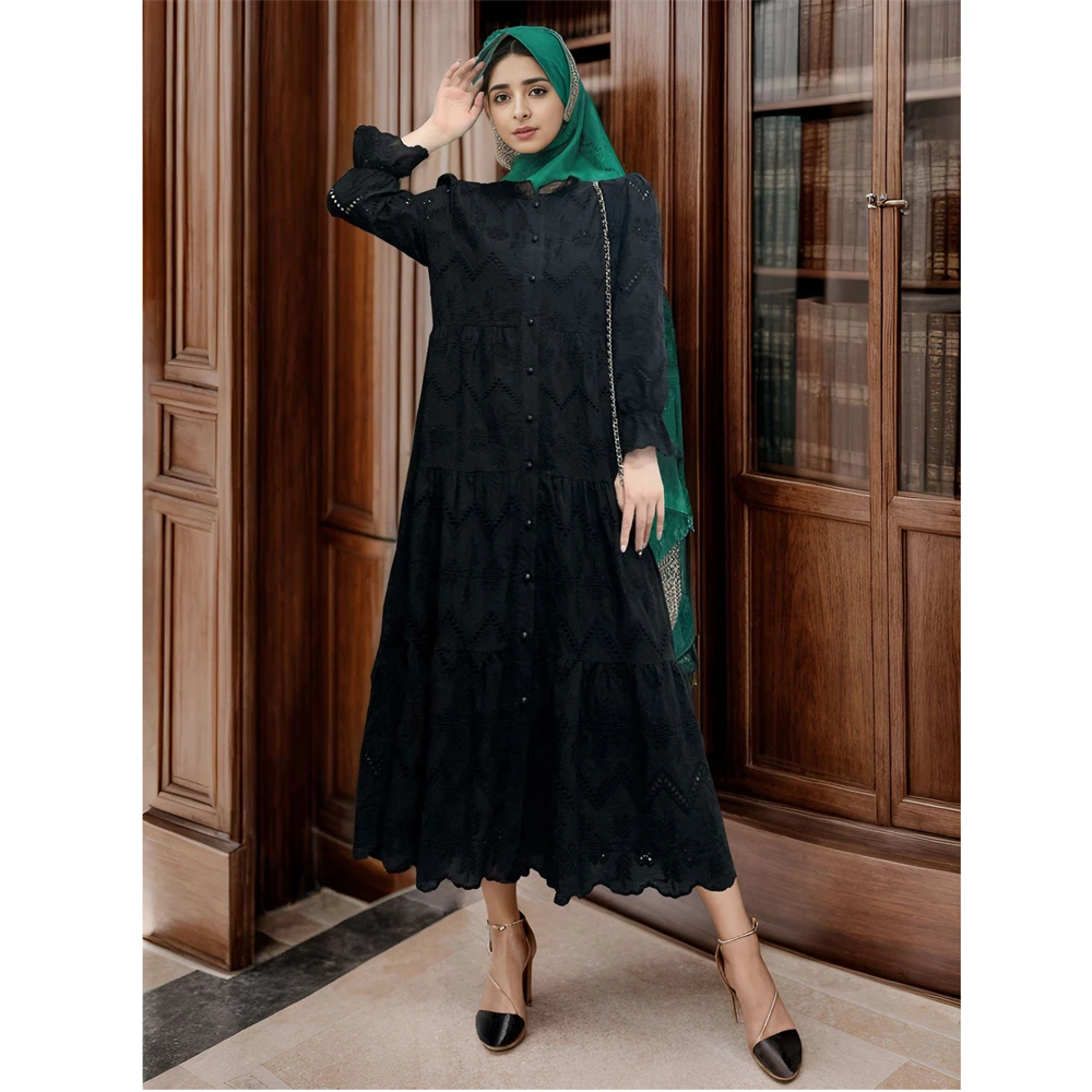 Fashion Single-Breasted Shirt Dress Women Casual Hollow Out Maxi Dress Vintage Loose Big Hem Islamic Lace Dress Vestidos Autumn