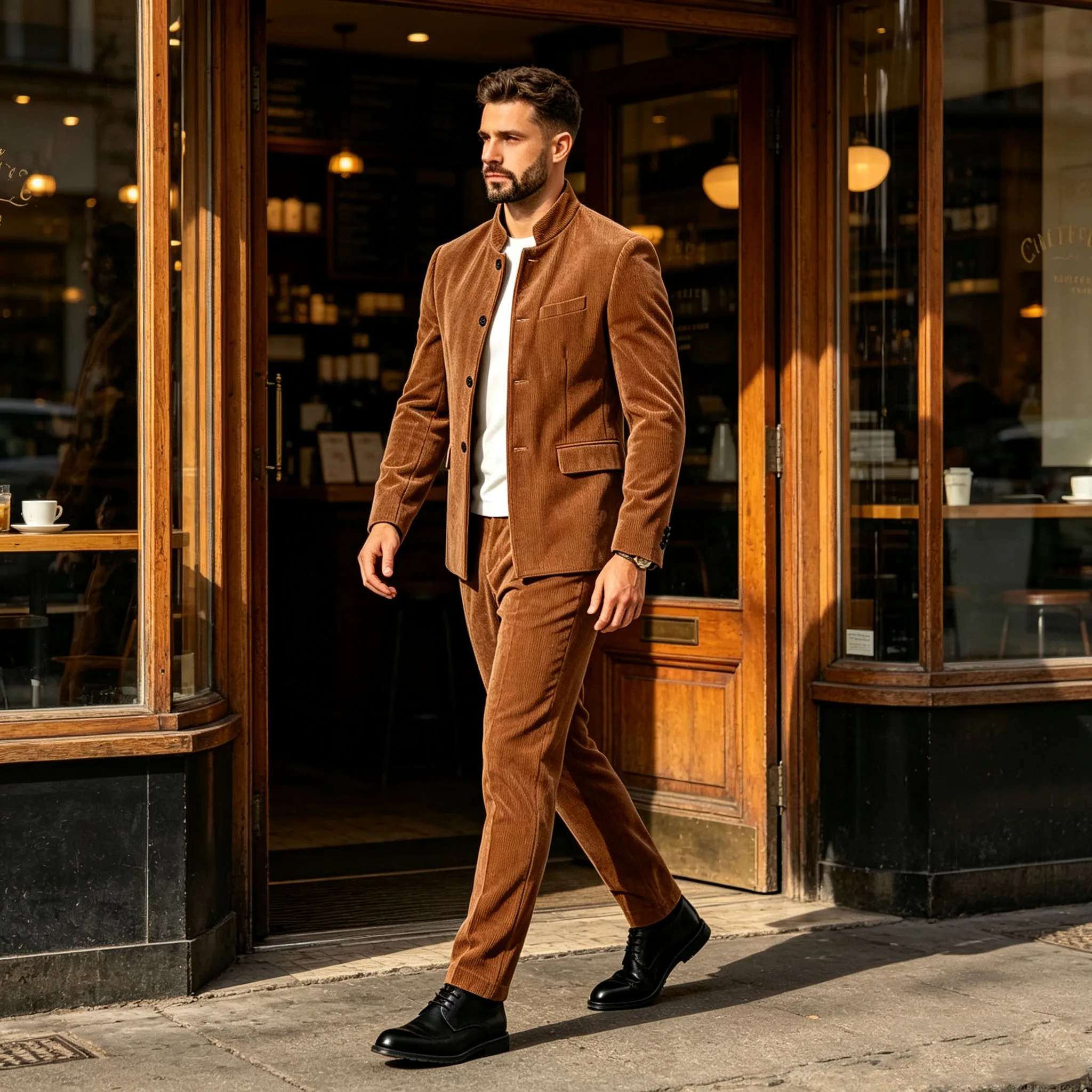 Men's Corduroy 2 Piece Suit Mandarin Collar Single Breasted Blazer Pants Slim Fit Formal Fashion Set For Business Casual Date Ni