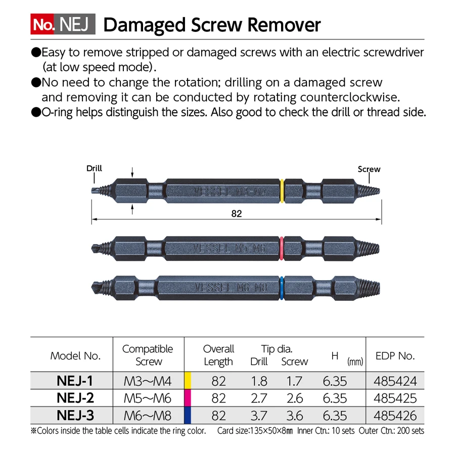 VESSEL-Damaged Screw Extractor, Remover, Broken Bolt, Water Pipe Extractor, M3, M4, M5, M6, M8, NEJ Series, 3Pcs