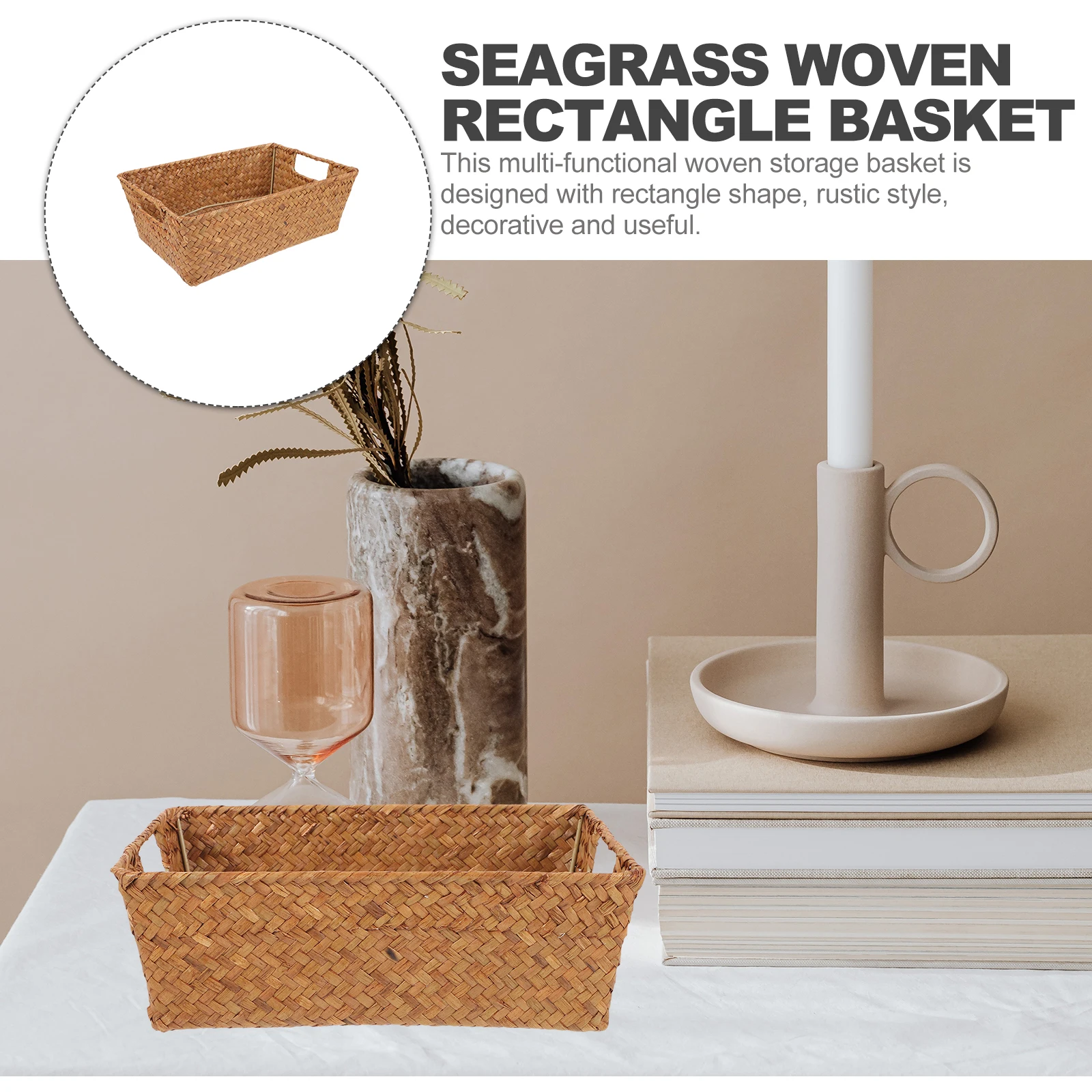 

Desktop Storage Basket Seagrass Organizer Wicker Woven Rectangle Baskets Decorative Cutout Handle Storage