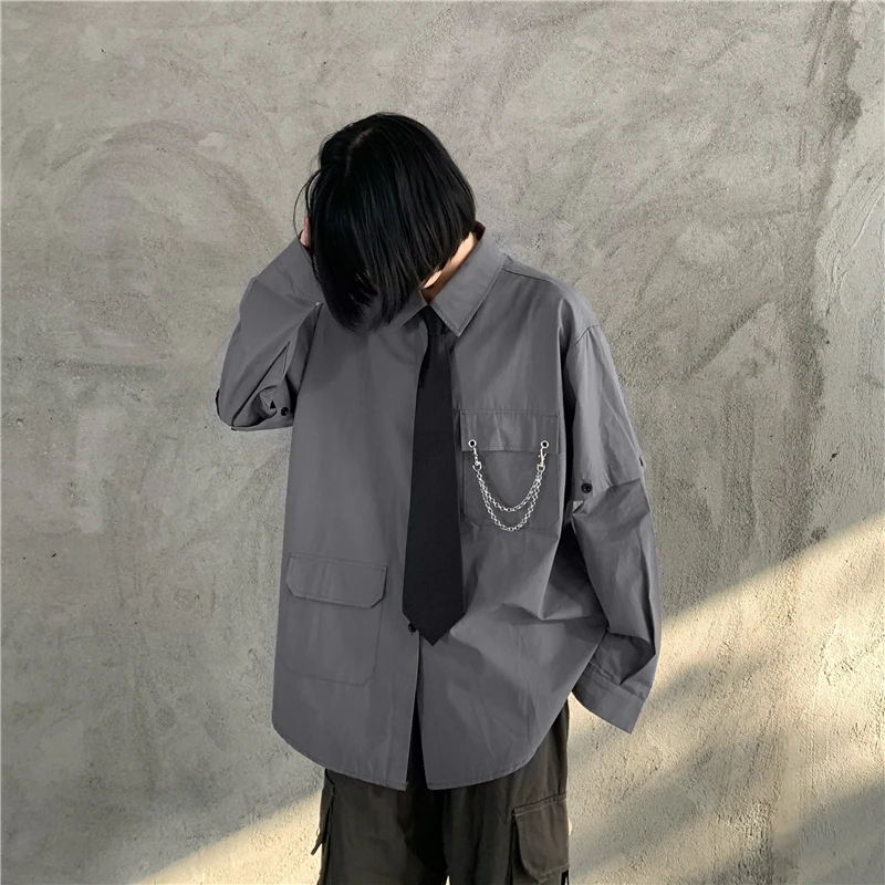 قميص نسائي طويل الأكمام قابل للارتداء بطريقتين، تصميم فضفاض على الطراز الهونغ كونغي، أزياء الشارع بلون واحد، ياقة بولو بأزرار... #4