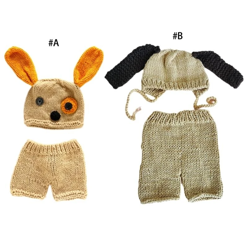 

J15U Baby Photo Clothes Dog Ear Bonnet Hat and Pants Outfit Newborn Photography Props Costume Clothing Infant Supply