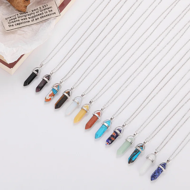 Natural Stone Pendants Necklace Crystal Pillar Bullet Amethyst Opal Lapis Lazuli Quartz Hexagonal Column Halloween Necklace