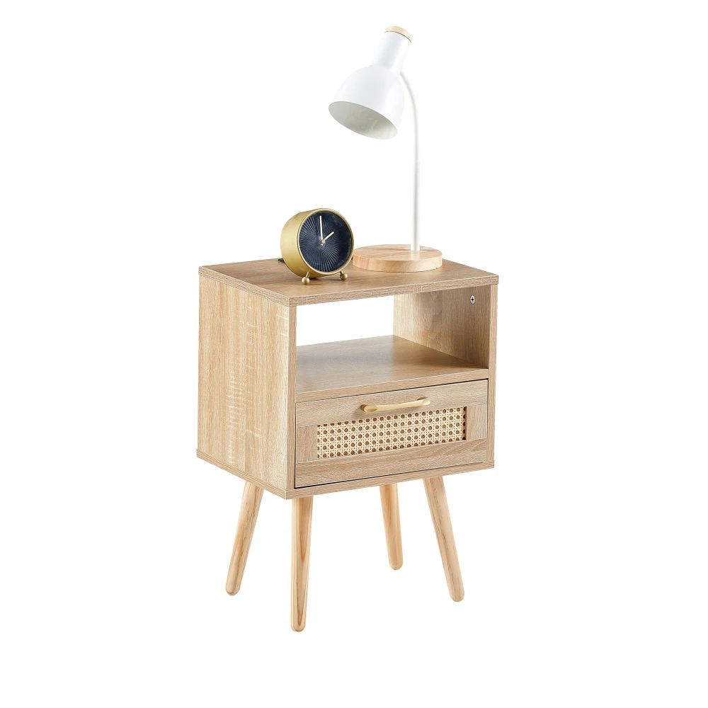 

15.75" Rattan End table with Power Outlet & USB Ports, Modern nightstand with drawer and solid wood legs, side table