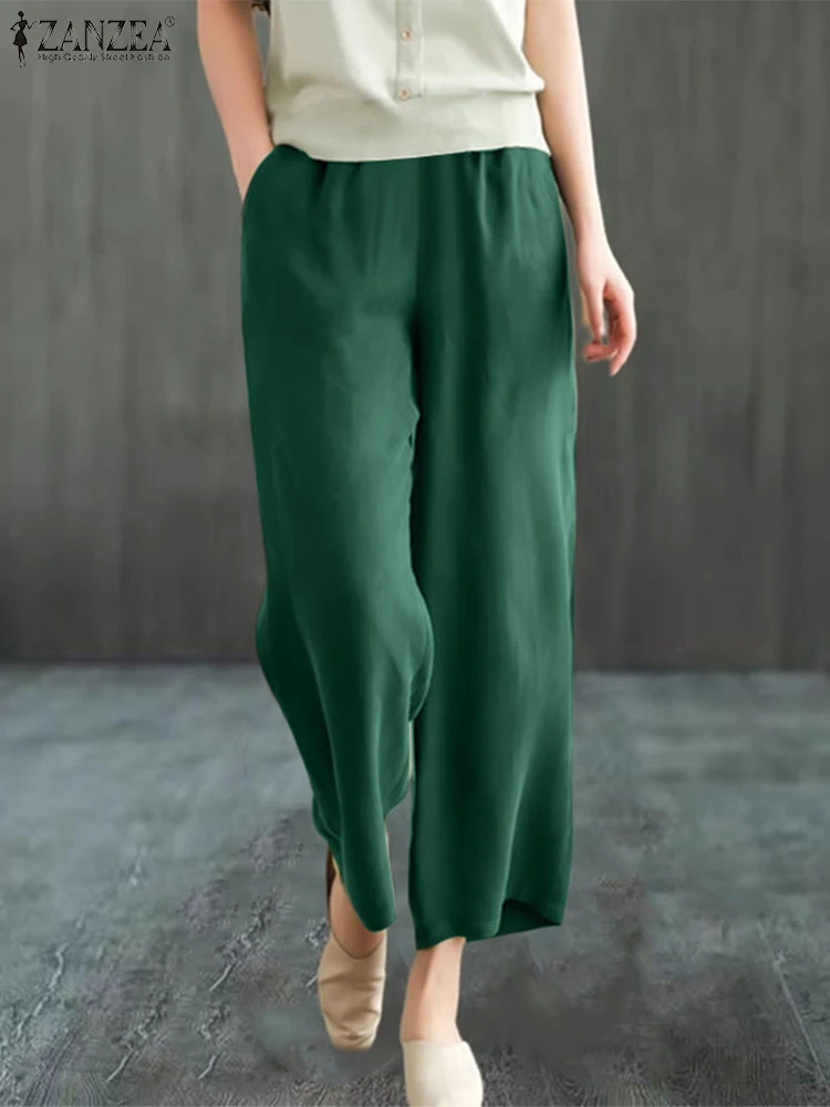 

Korean Women Straight Long Pants Elegant Elastic Waist Trousers ZANZEA 2024 Summer Loose Wide Leg Pantalon Vintage Pocket Pants