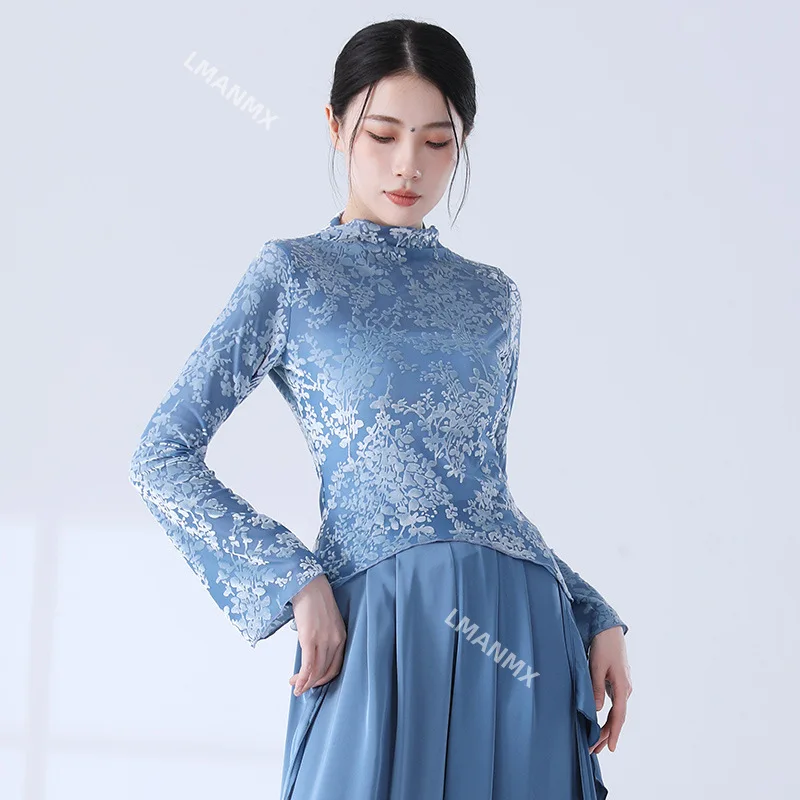 Classical Dance Temperament Flocking Jacquard Mesh Long sleeved High Neck Top Chinese Dance Modern Dance Practice Clothes