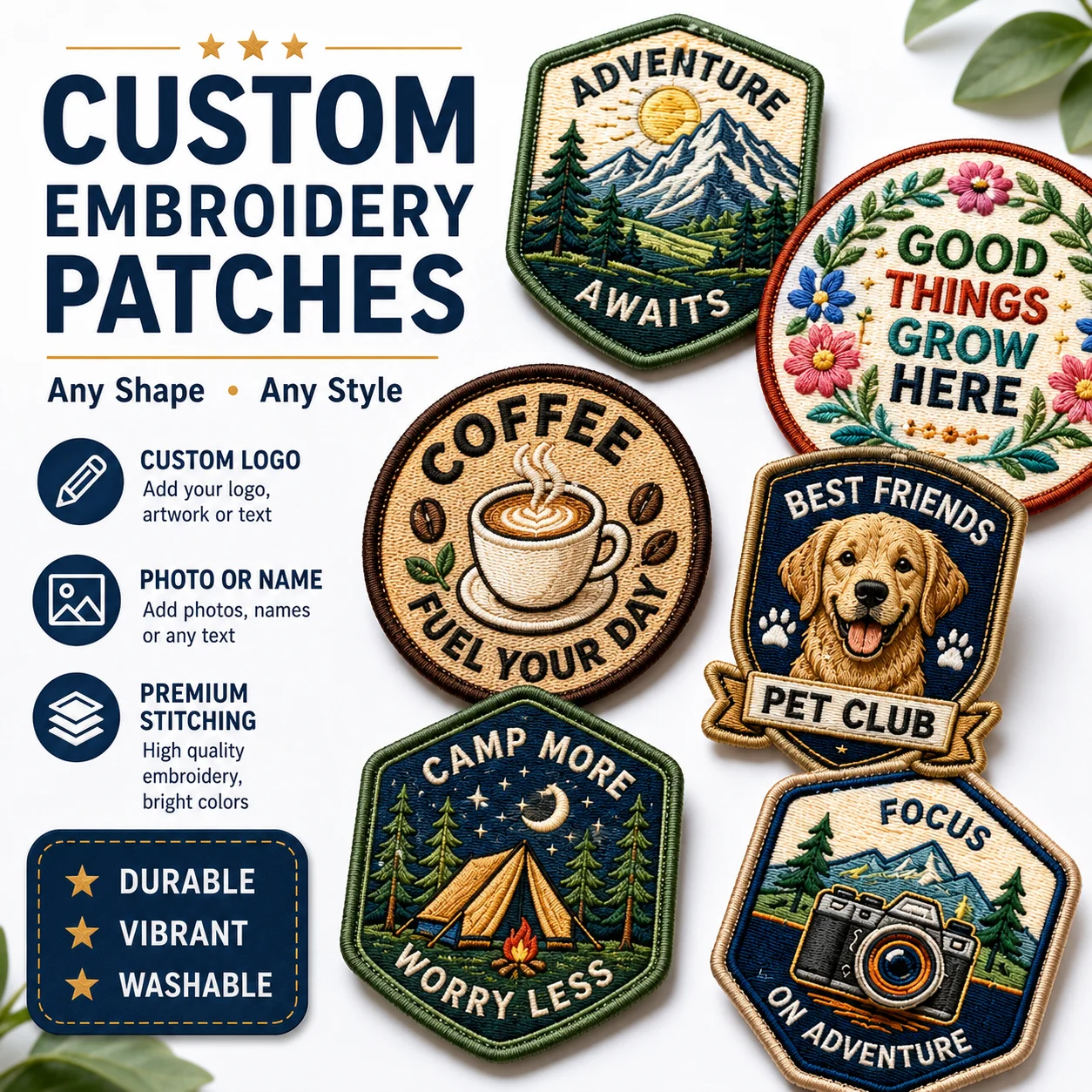 Custom Shape Embroidered Patches Personalized Logo Photo Text Hook and Loop for Hats Jackets Backpacks Uniforms Gifts Clubs