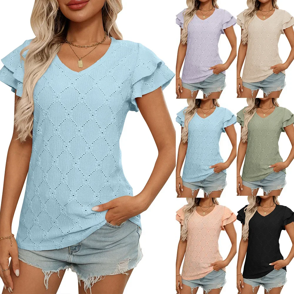 

Fashion Summer Solid Color Shirts Hollow Out Women's Blouses Elegant Ruffles V-Neck Short Sleeve Casual Loose Knit Jacquard Tops