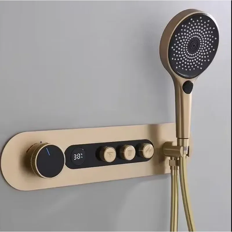 Brushed Gold 3 Ways Brass Thermostatic Digital Rainfall Waterfall Shower Bathroom Complete Bath Shower Faucet Set