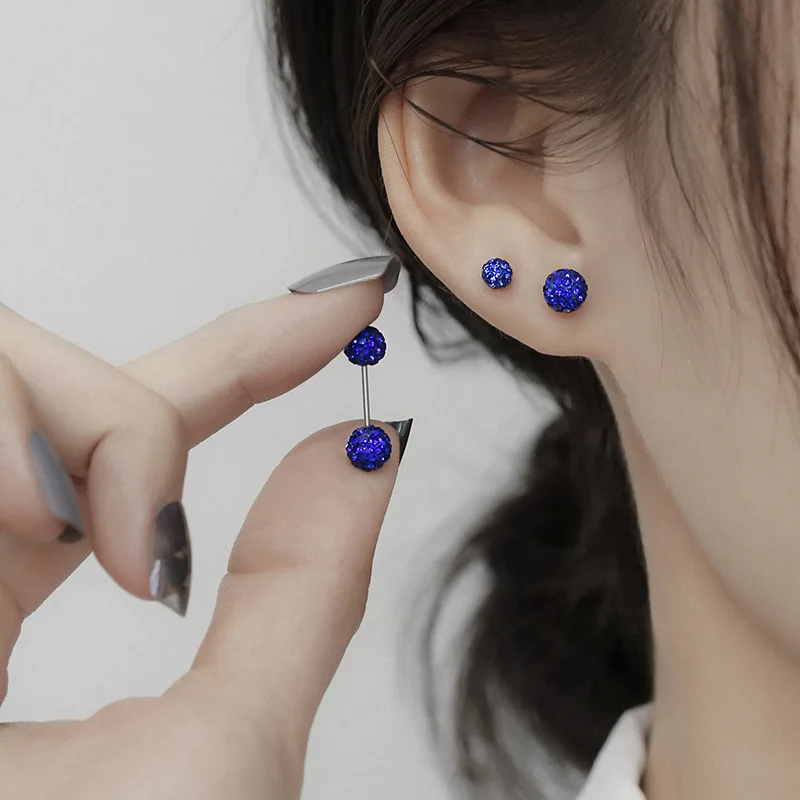 Stacked style inlaid with full diamond blue round bead earings stud buckle suitable for daily 4-6mm earrings for women jewelry