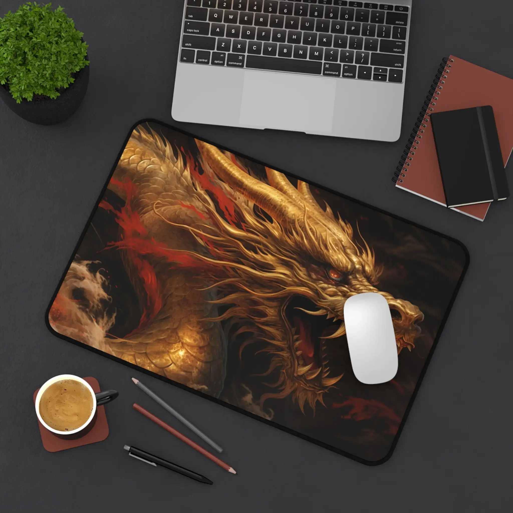 

Golden Dragon Pattern Table Pad, Non-Slip Waterproof Art Gaming Mouse Pad, Oriental Desktop Decoration for Work and Gaming