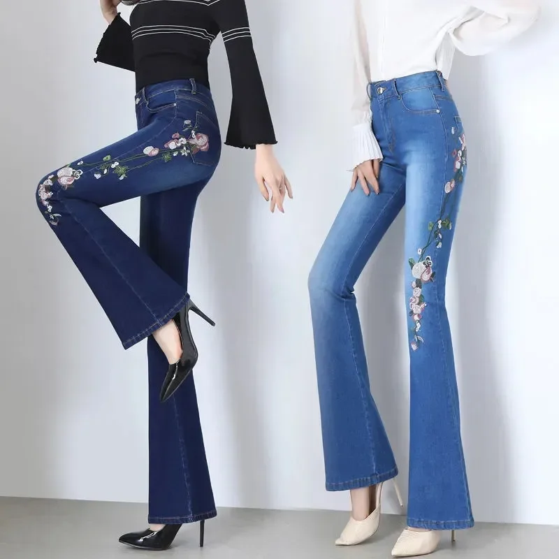 

Embroidery Flare Jeans Elasticity Bell-Bottoms for Women Light Blue Trousers Large Size Female Casual Denim Pants N37