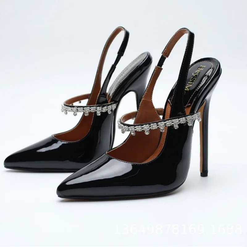 

Summer Women Pumps Sandals Mature Back Strap Patent Leather 14CM Thin Heels Retro Lady Party Women Party Pumps Shoe Black