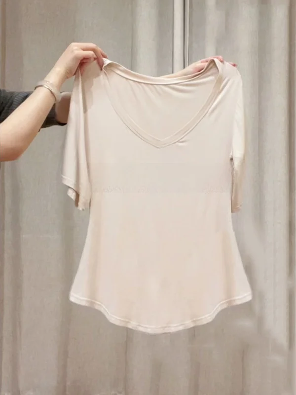 

plus Size Women's Ice Silk T-irt Summer Loose Fit ort Sve V-Ne Top Belly Covering Slimming Effect Casual Wear