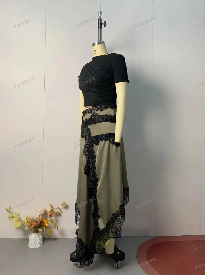 Womens Dresses 2025 Spring Summer New Solid Color Hollow Waist Irregular Lace Splicing Round Neck Short Sleeve Casual Dress