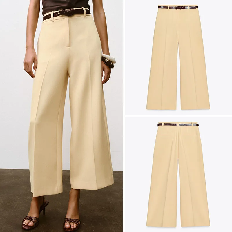 

High Waist Casual Wide Leg Pants Women's New Autumn Fashion Belted Pocket Detail Ethnic Style Ladies Trousers 18-25 Years Old