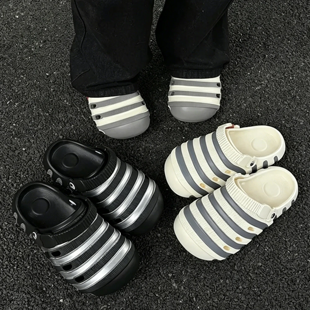 Summer Men's New Striped EVA Clogs Outdoor Thick Sole Casual Soft Sole Slippers Daily Commute Seaside Beach Shoes
