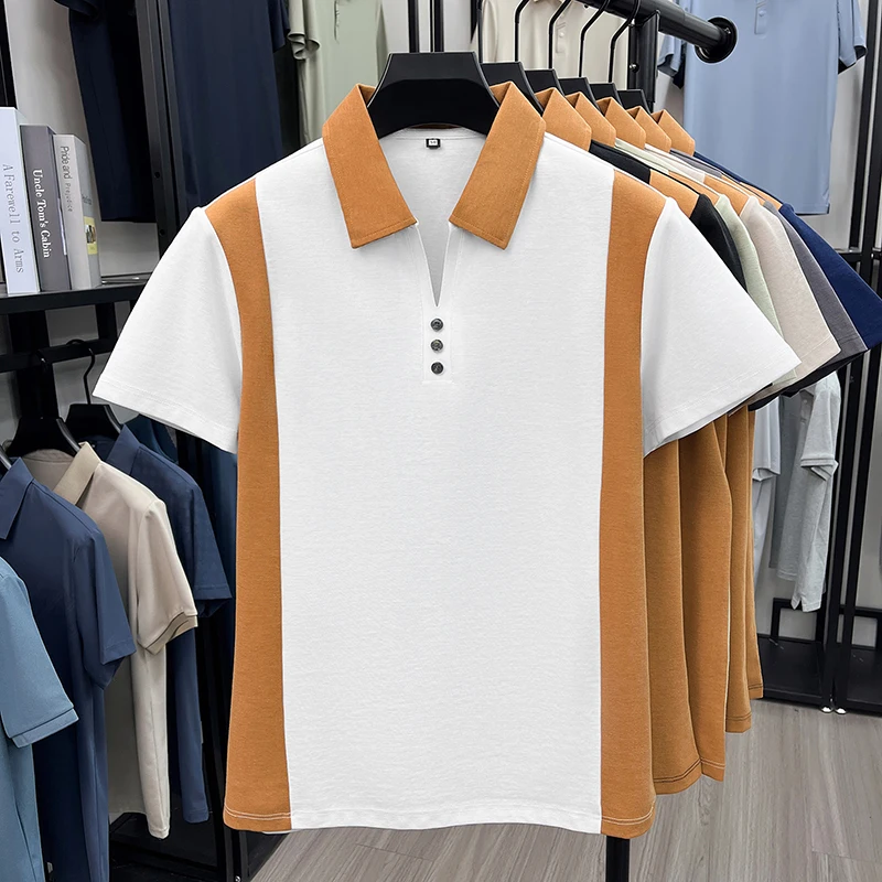 Hochwertiges Marken-Poloshirt aus Seide und Baumwolle mit kurzen Ärmeln bequemes atmungsaktives Herren-T-Shirt Sommer neue Mode Farbblockierung lässiges Oberteil – Detail 9