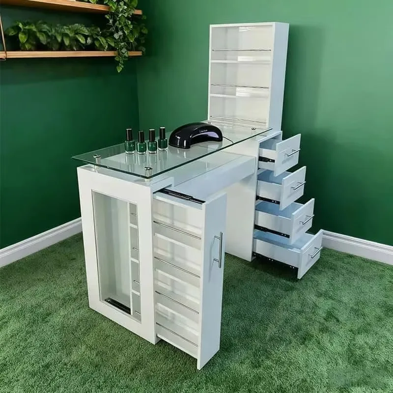 

Light Luxury Modern Salon Furniture Makeup Manicure Desk Nail Desk Glass Dust Collector Storage Double Nail Table