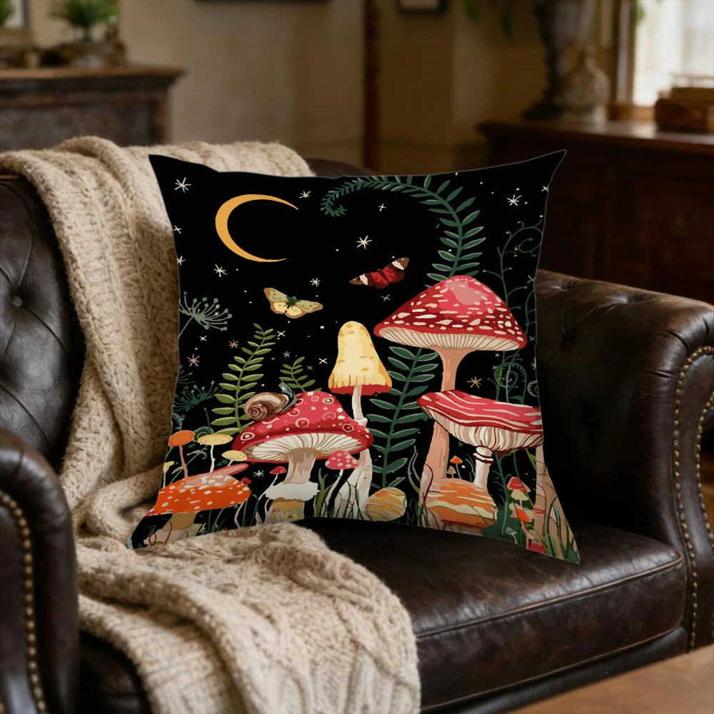 1Pc Mushroom Forest Night Sky Cushion Cover Black Moon Stars Ferns Sofa Bed Living Room Soft Fabric