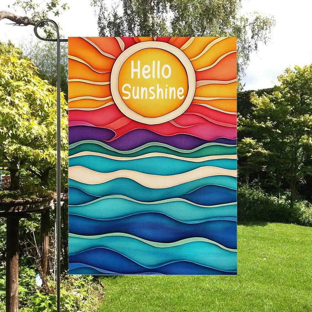 Gkyygk Hello Sunshine Blue Wave Garden Flag 12 x 18 Inch Double Sided Welcome Banners Farmhouse Holiday Outside Decor Burlap PPZ