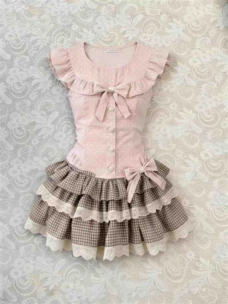 

Y2k Harajuku Vintage Sweet Slim 2 Piece Skirt Sets Kawaii Sleeveless Top + Lace Striped Patchwork Mini Skirts 2000s Lolita Suits