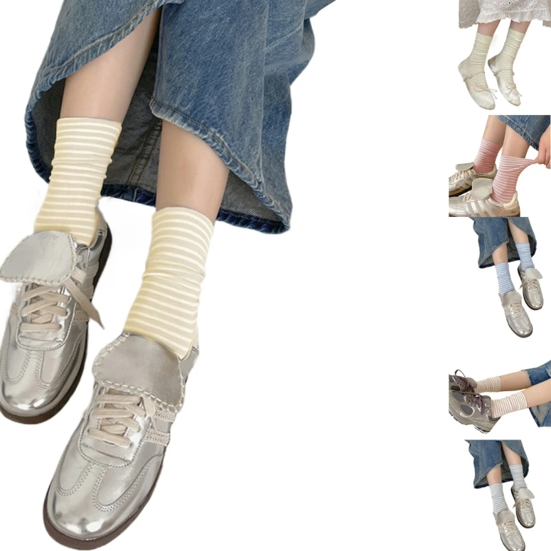 

Носки среднего размера в полоску с узором для женщин, дышащие хлопковые носки длиной до икры