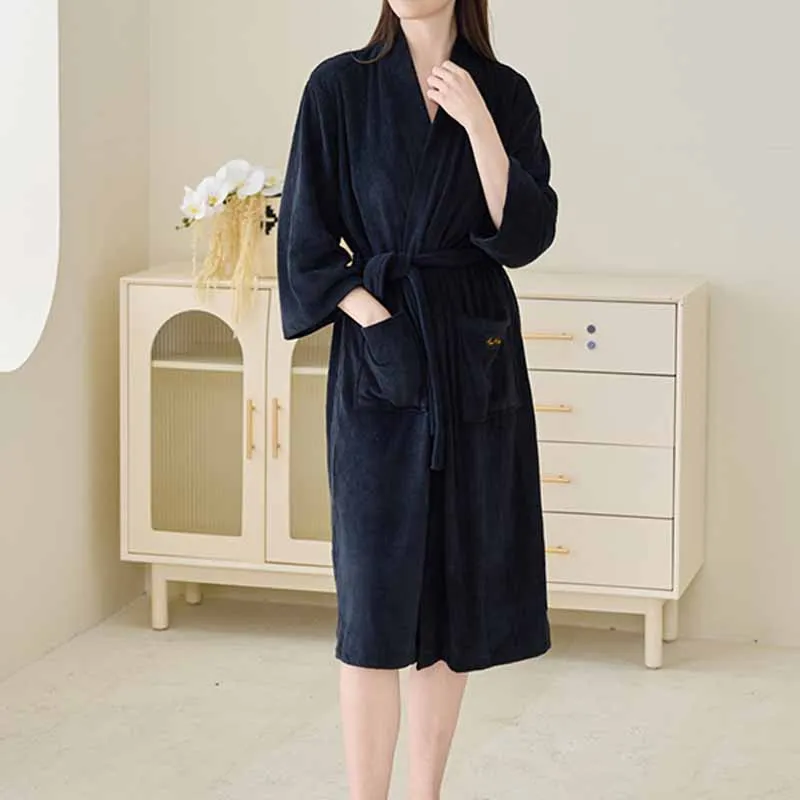 Lover Solid Color Absorb Water Bathrobe Men Women Elegant Homewear Robe Belt Pocket Casual Loose Loungewear Kimono Women Gown