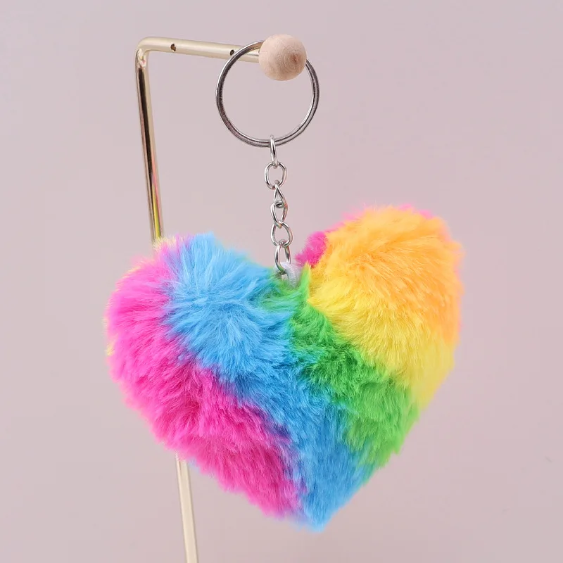 100pcs/lot Wholesale Rainbow Heart Furry Keychain Pendant Cute Plush Backpack School Bag,Deposit First to Get Discount much