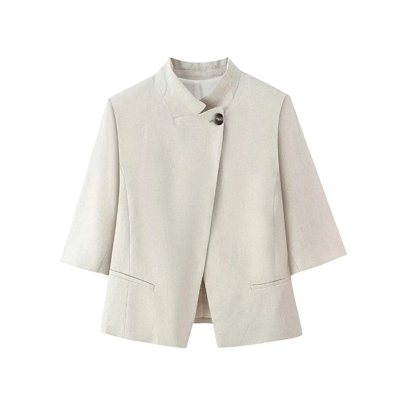 Women Solid Linen Blend Blazer Stand Collar Single Diagonal Button 3/4 Three Quarter Sleeve Coat Chinese Style Casual Outwear