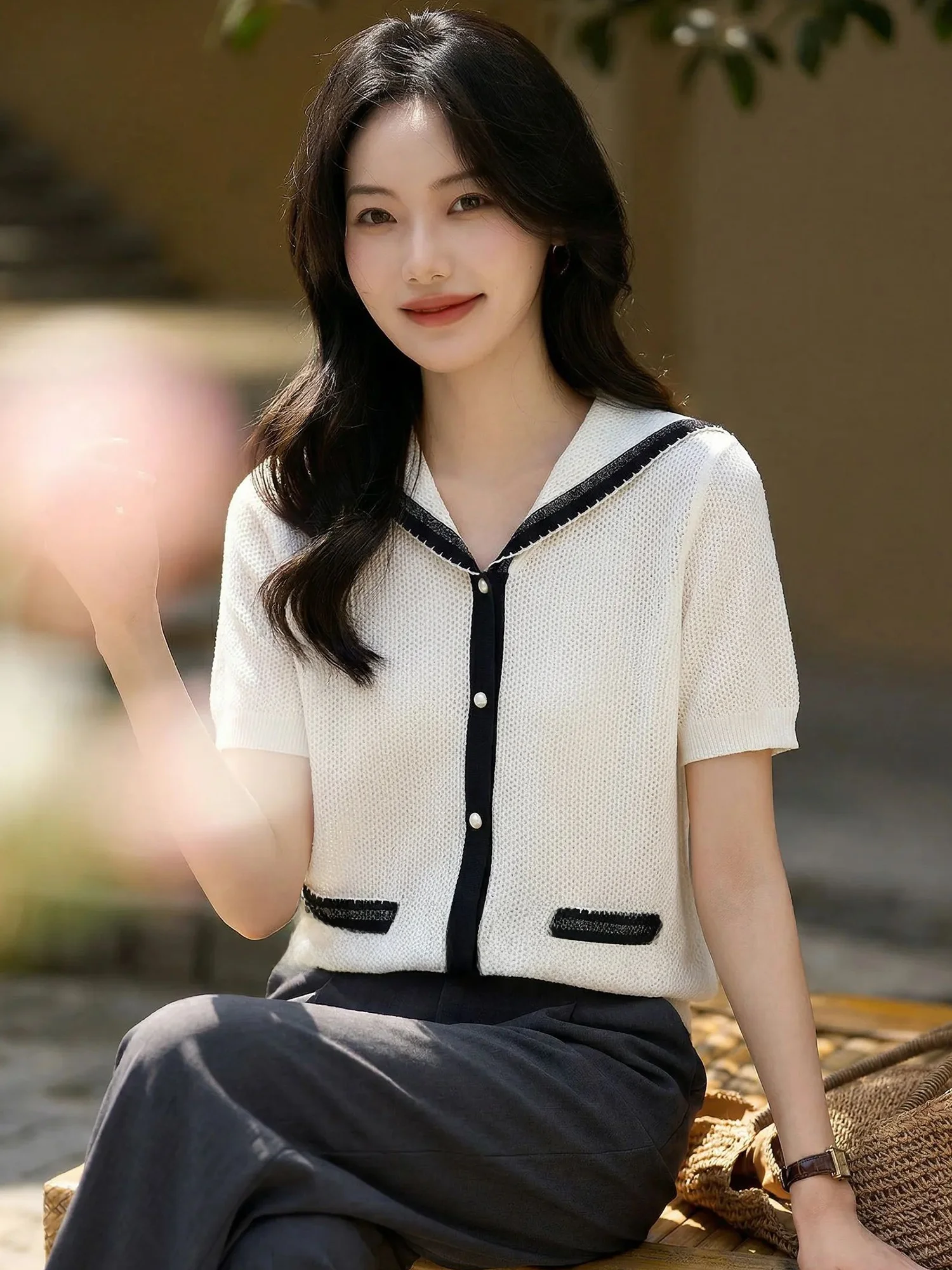 

Chic Navy Collar Knitted T-Shirt Short Sleeve Women's Fashion Slimming Top Summer Peach Color Casual Comfortable Knitwear