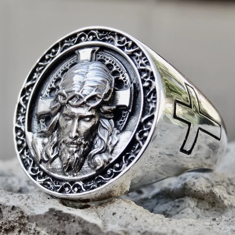 Huaya Men\'s Unique Temperament Lucky Creative Jesus Cross Rings Delicate Silver Color for Men Personality Accessories Trendy