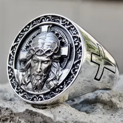 Huaya Men's Unique Temperament Lucky Creative Jesus Cross Rings Delicate Silver Color for Men Personality Accessories Trendy