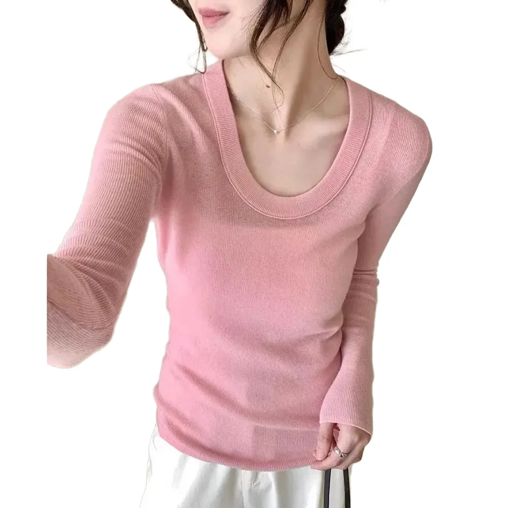 تي شيرت نسائي كوري برقبة على شكل حرف U وأكمام طويلة وطبقة أساسية كاجوال بقصة ضيقة ومصمم للاستخدام اليومي والعطلات