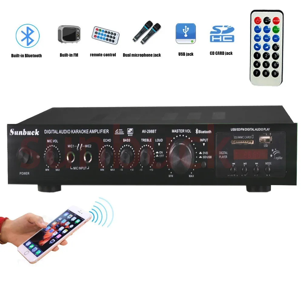 SUNBUCK 200W bluetooth 5 Channel Power Amplifier HiFi Stereo Speaker Amp Support FM Radio 2 Mic USB SD Card Input