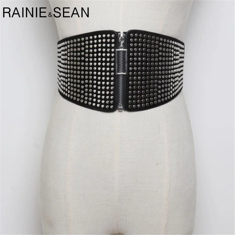 

RAINIE SEAN Fashion Design Belt Cummerbunds for Women Punk Rock Elastic Rivet Zipper Wide Ladies Waist Belt Black Leather Corset