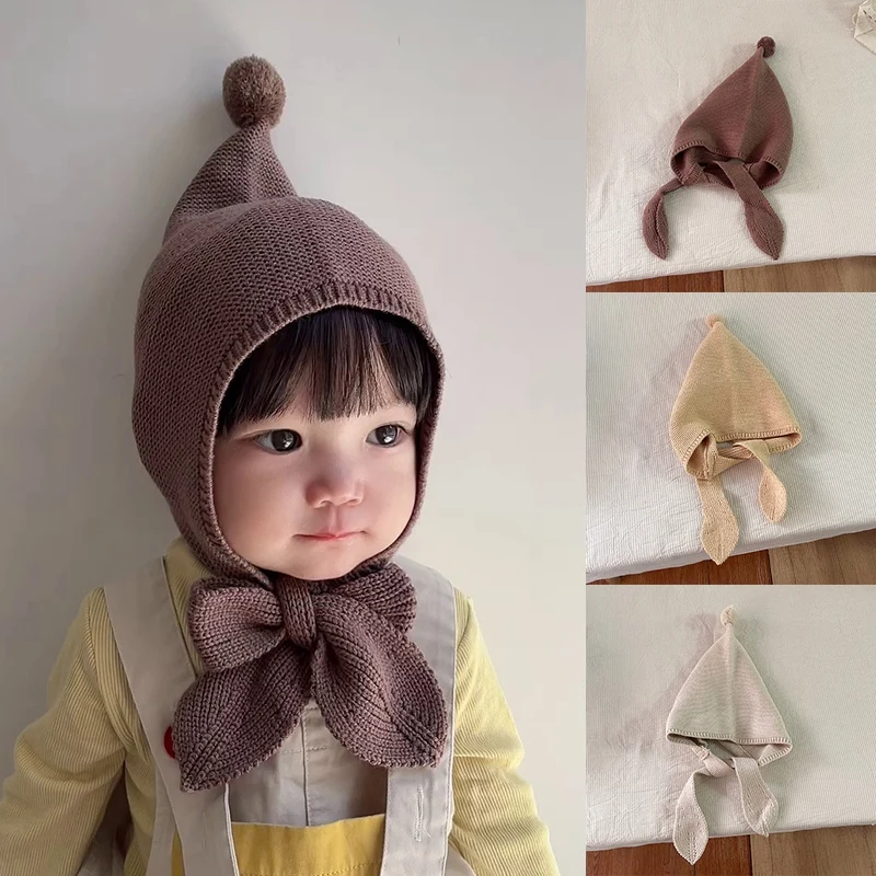 

Cute Solid Color Baby Hat Hairball Winter Warm Knitted Toddler Girl Cap Bonnet Newborn Infant Boys Ear Protection Hat Beanie