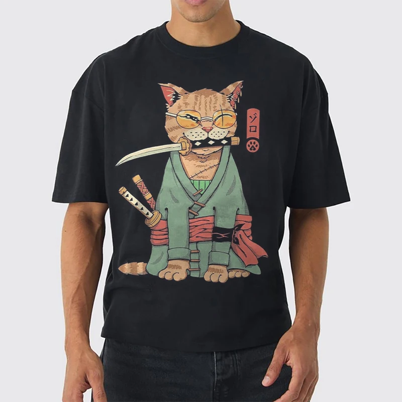 PEERAGE 250gsm 100% Cotton Heavyweight Zoro Cats Design Boxy Fit Corpped T-shirt