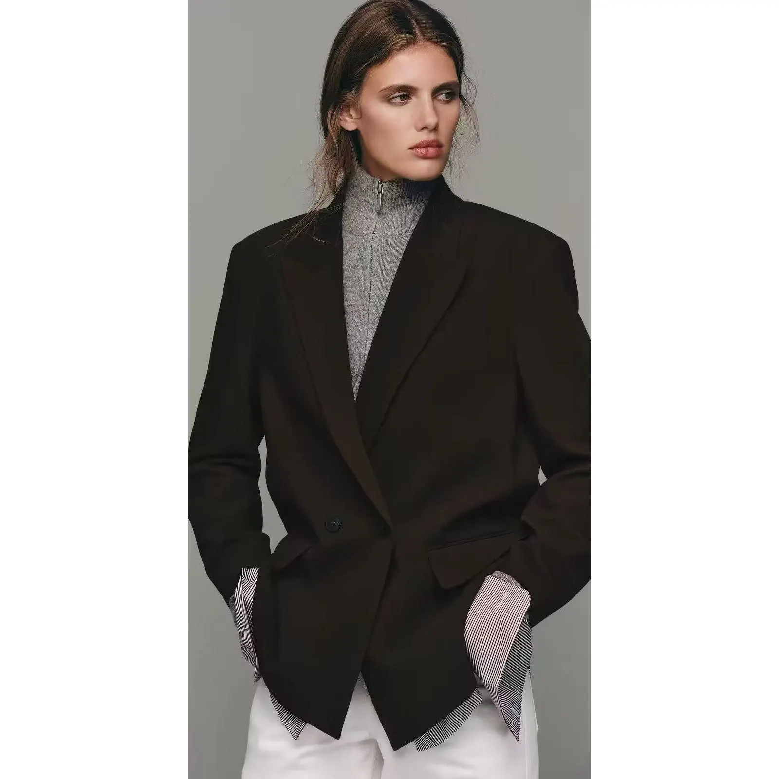 Fashionable ZR Style Women's Suit Early Autumn New Arrival Double Row Buttoned Collar Polyester Fiber Long Sleeve Coat