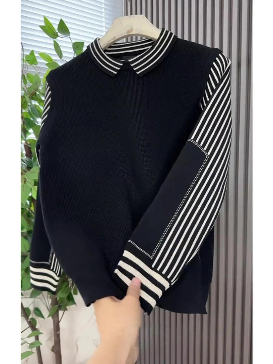 

Faionable Korean Sle Knitted Sweater for Men Casual Long Sve Collared Fake Two-Piece Autumn Winter Stripe Top