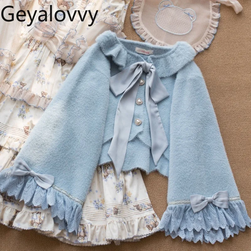 

Autumn/winter Faux Mink Lolita Cropped Cardigan Coat Sweet Girls Versatile Fluffy Flare Long Sleeve Knit Sweater Jacket