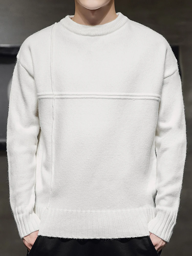 Осень 2023, новый приталенный пуловер с круглым вырезом, однотонный вязаный свитер, Мужская трикотажная одежда с длинным рукавом, Пуловеры с круглым вырезом A32
