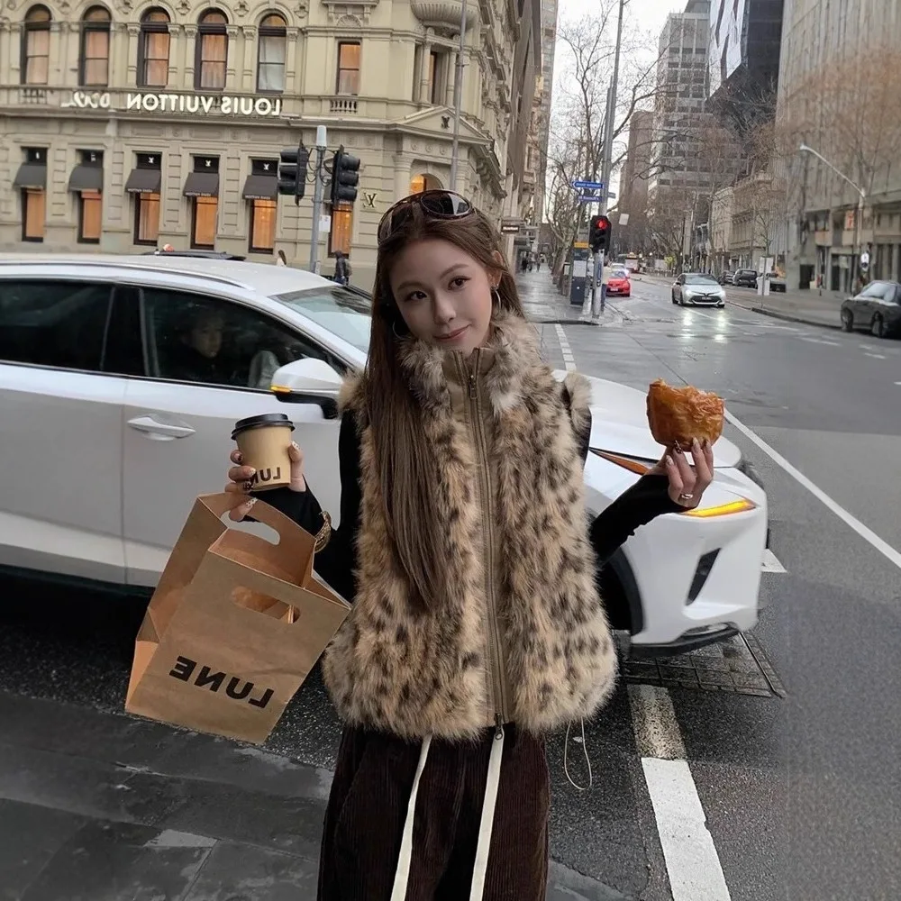 Femmes fausse fourrure gilet manteaux vestes de fourrure courte réversible fermeture éclair cordon col montant sans manches ample décontracté 2025 automne hiver